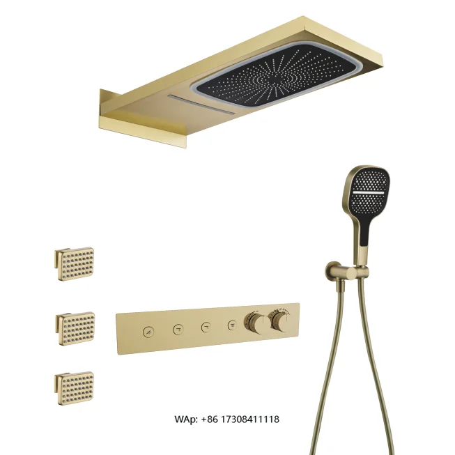 Brass 4 Function Constant Temperature Button Concealed Shower Set LED square Waterfall Rain Shower Top Spray