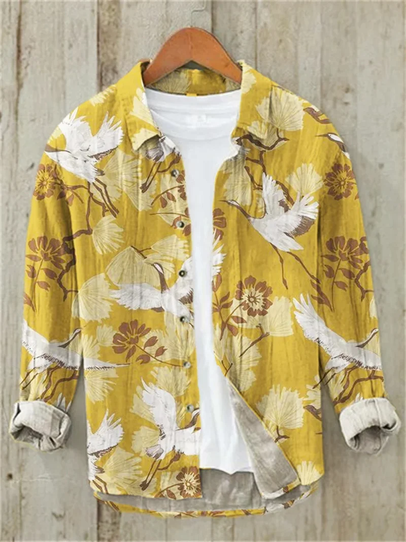 Men's Fish Printed Linen Long Sleeve Shirt Casual Shirt Loose Breathable Fashion Hawaiian Vintage New Collection