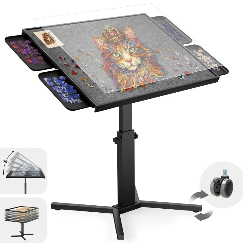 Adjustable Lift Puzzle Table with Drawers, Premium Metal Ergonomic Design with Cover