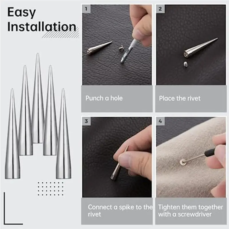 AEE4-Clothing Pointers Various Sizes Tapered Tips With Punk Rivets Studs Rivets, DIY Silver Metal Tips Crafts
