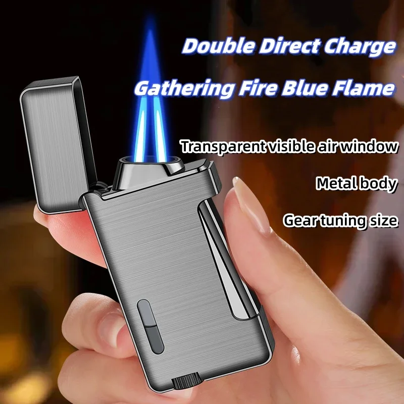 Metal Creative Double Flame Gas Lighter Windproof Blue Flame Inflatable Lighter Lightweight and Portable High-end Men\'s Gifts