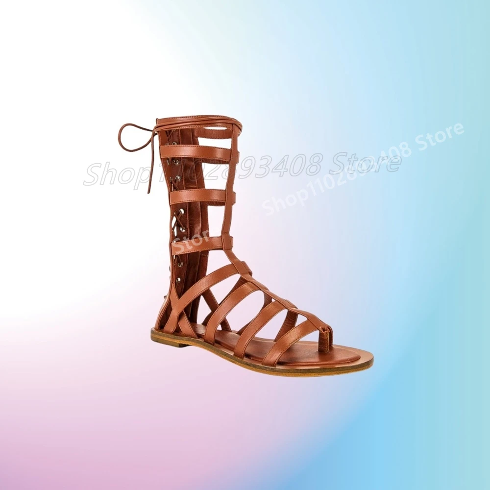 

Elegant Retro Style Flat with Sandals Split Back Lace-up Strappy Brown Matte Leather Women Shoes 2025 Summer Zapatos Para Mujere