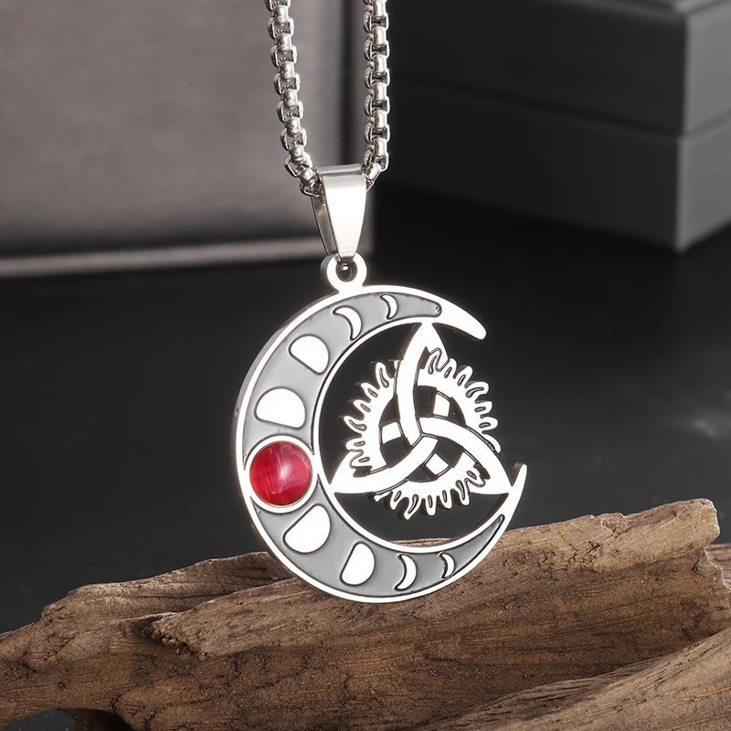 Stainless Steel Celtic Trinity Knot Gem Stone Pendant Witchcraft Witch Knot Moon Necklace Men Women Irish Amulet Jewelry Gift