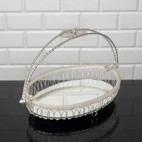 Strawberry Home Medium Oval Silver Filigree Mirrored Basket Ductile 23 X23X34 cm