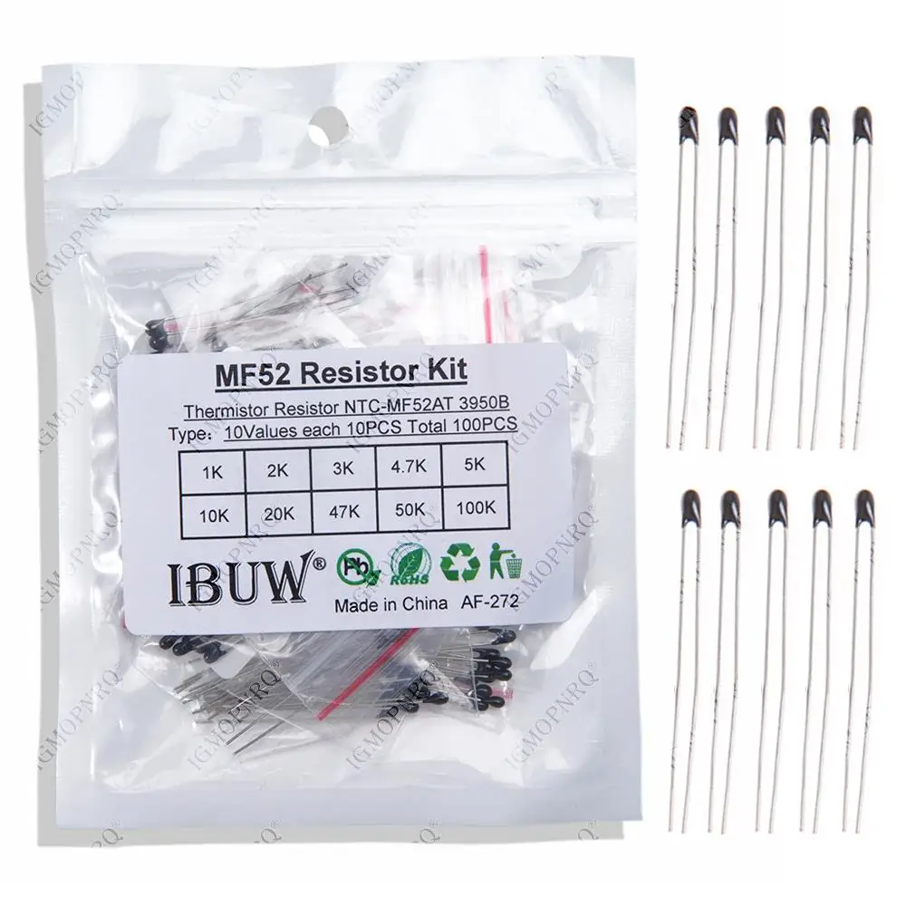 100PCS=10value*10pcs NTC Thermistor Resistor Kit  NTC-MF52AT 1K 2K 3K 4.7K 5K 10K 20K 47K 50K 100K +-5% 3950B