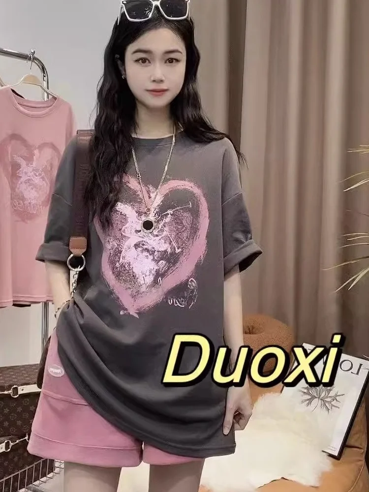 

Ретро-костюм для женщин: летний комплект из двух предметов с принтом «Сердце Купидона», свободные шорты и футболка с коротким рукавом, хлопок, круглый вырез