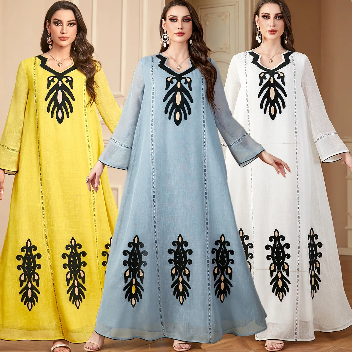 

New Muslim Floral Embroidery Maxi Dress Dubai Elegant Women Evening Dress Mesh Sleeve 2025