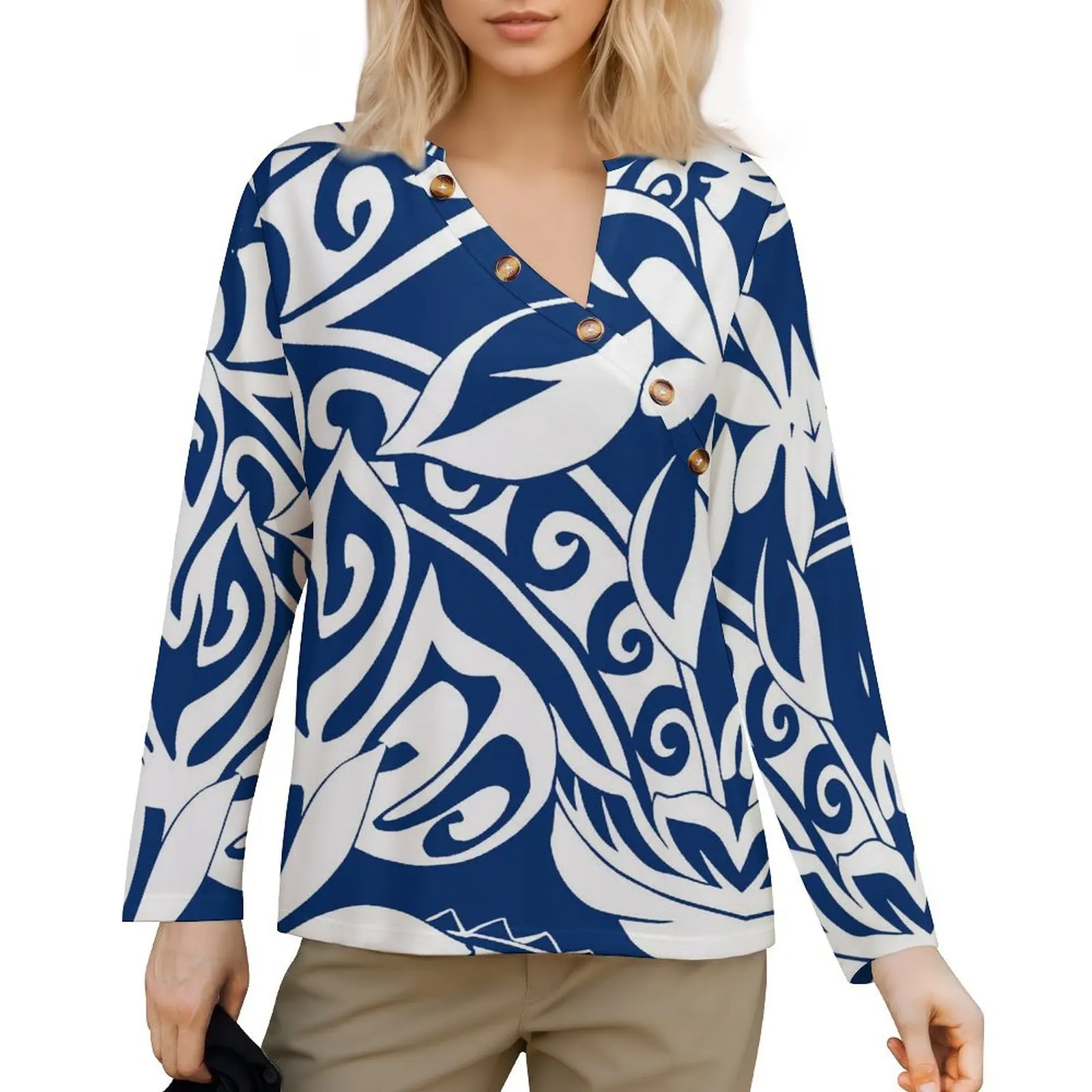 New Wholesale Custom Hawaii Polynesian Print Flower Pattern Diagonal Collar Women T Shirt Casual Loose T-shirts Top