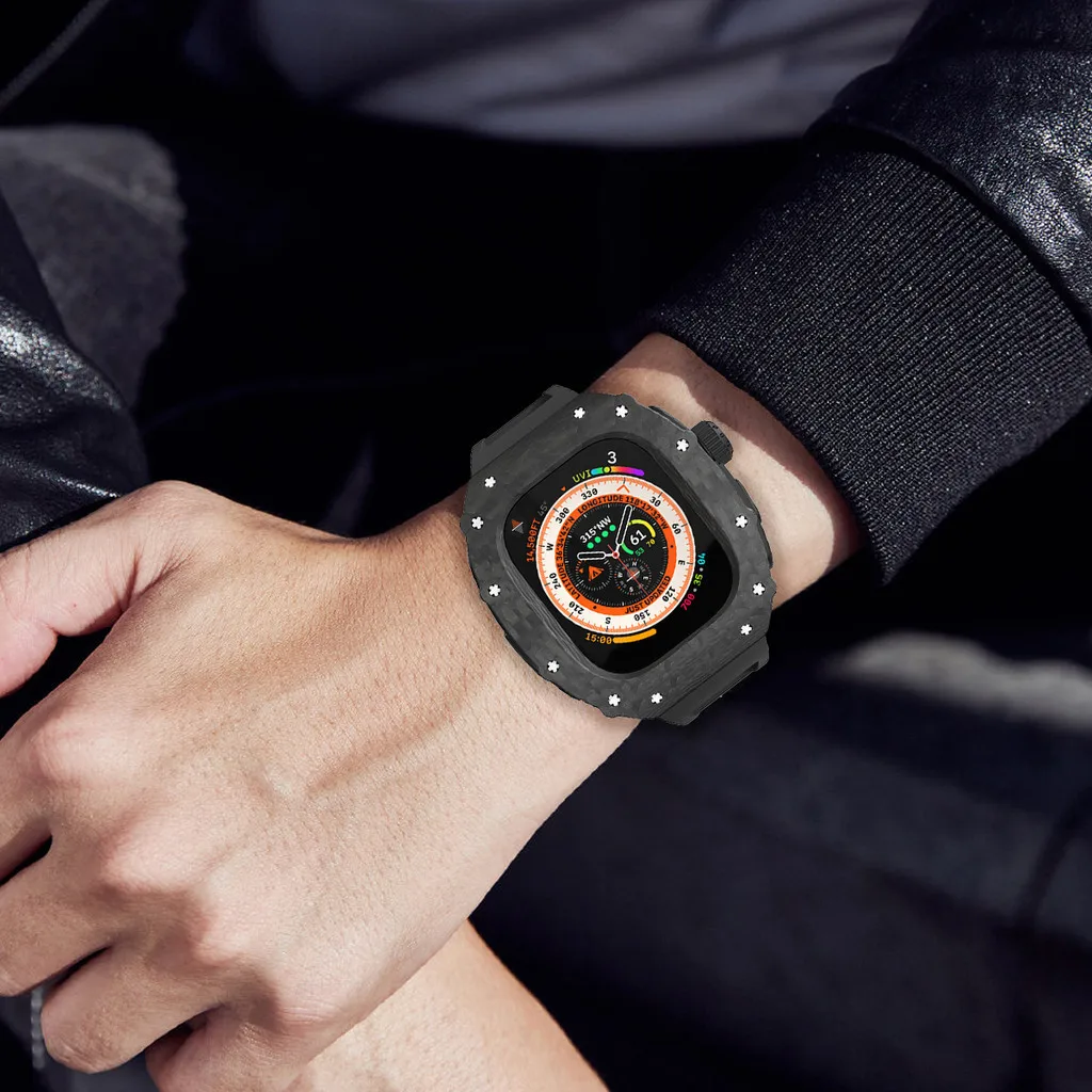 Carbon fiber titanium metal case luxury modification kit rubber strap compatible for Apple Watch Ultra 2 49mm IWatch series 49mm