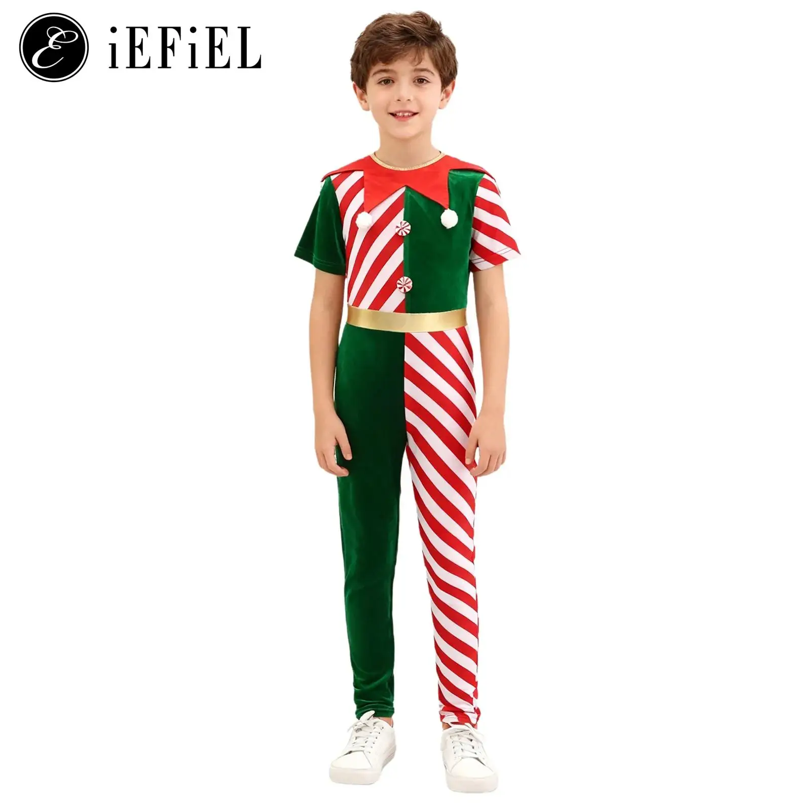 

Unisex Boys Girls Santa's Elf Christmas Dance Costume Short Sleeve Candy Striped Athletic Unitard School Festival Stage Suits