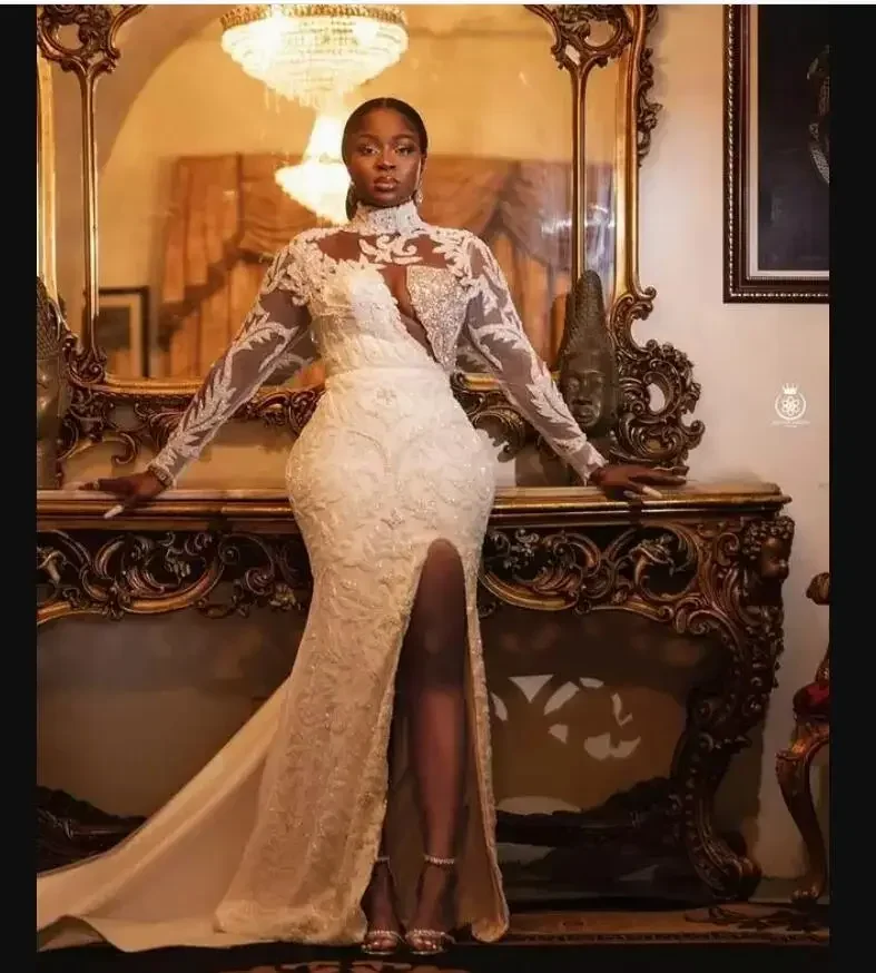 Customized High Quality High Neck Long Sleeve Wedding Dress Chapel Train Vestido De Casamento Heavy Appliques Beads Bridal Gown