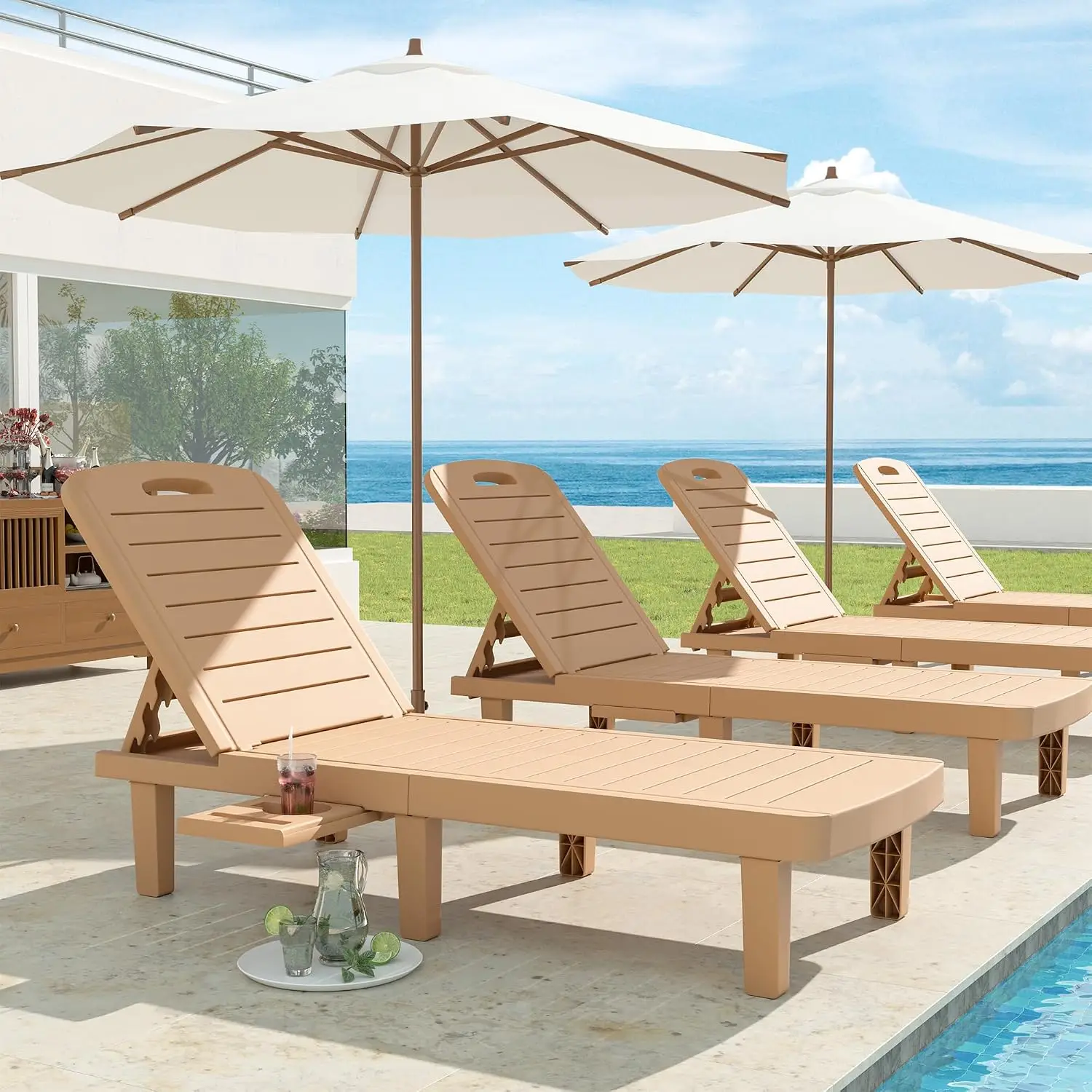 Outdoor Chaise Lounge 5-Position Adjustable Resin Recliner Cup Holder Patio Pool Beach Garden Weather Resistant, Customized