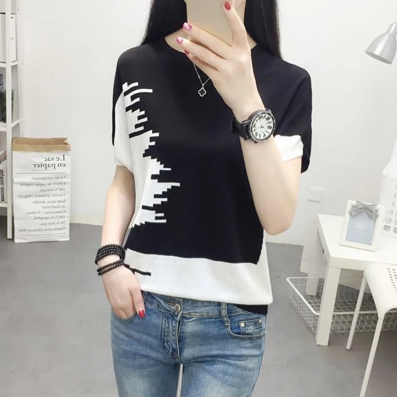 Summer New Y2K Vintage Fashion All-match Chic Casual Simple Irregular Short-sleeved Top Women Pullover Hit Color Loose T-shirt