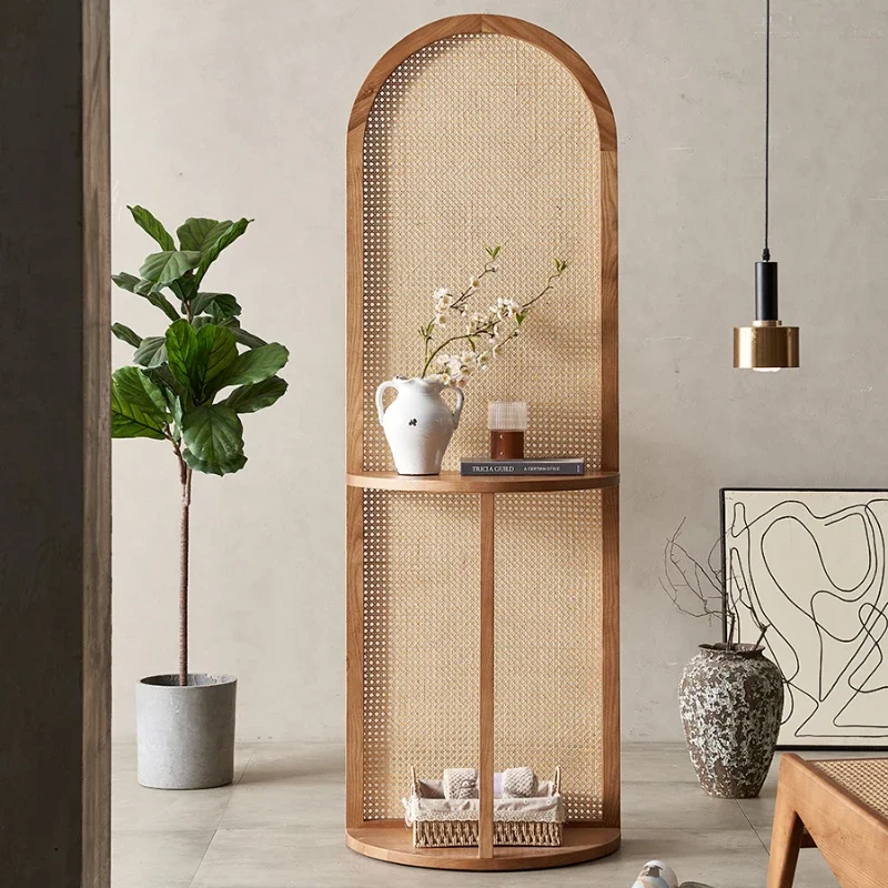 Rattan screen partition household entrance rack living room bedroom removable blocking retro flower stand seat screen