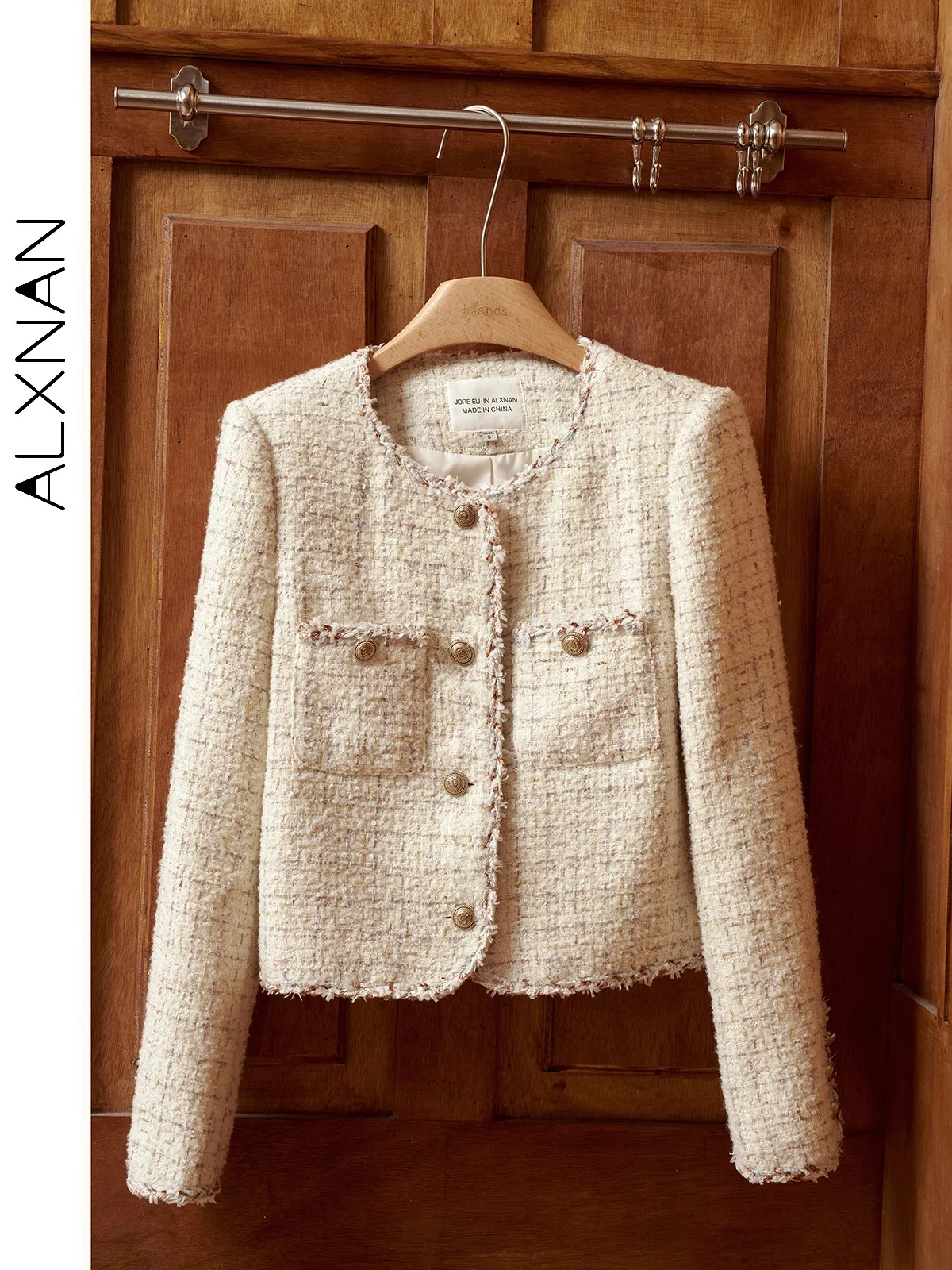 ALXNAN Französische Tweed-Jacke für Damen, 2024, Herbst und Winter, sanfter runder Kragen, Metallknöpfe, runder Saum, kurze Damen-Oberbekleidung, L39816