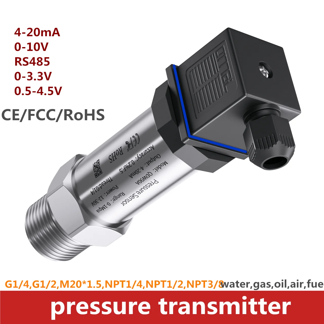 

4-20mA Pressure Transmitter 0.1Mpa 2.5Mpa 10bar 30kpa Pressure Transducer G1/4' M20*1.5 NPT1/4' G1/2 Sensor DC24V 12V Water Gas