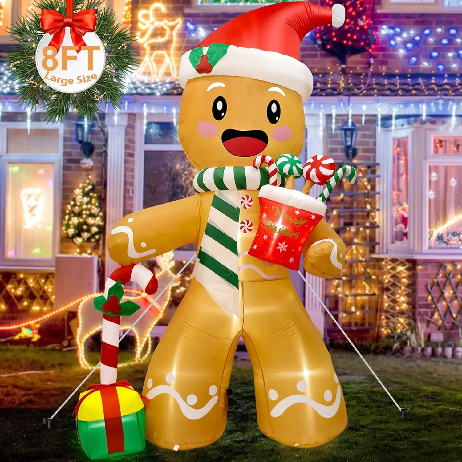 2024 New Christmas Inflatable Gingerbread Man 8FT/2.4M with Gift Bucket and Cane LED Light Lawn Outdoor Xmas Yard Decoration