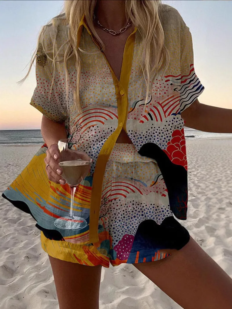 패션 프린트 비치 홀리데이 2 피스 세트 여성 여름 짧은 소매 셔츠 탑 + 넓은 다리 짧은 여성 오버 사이즈 투피스 의상 L9A