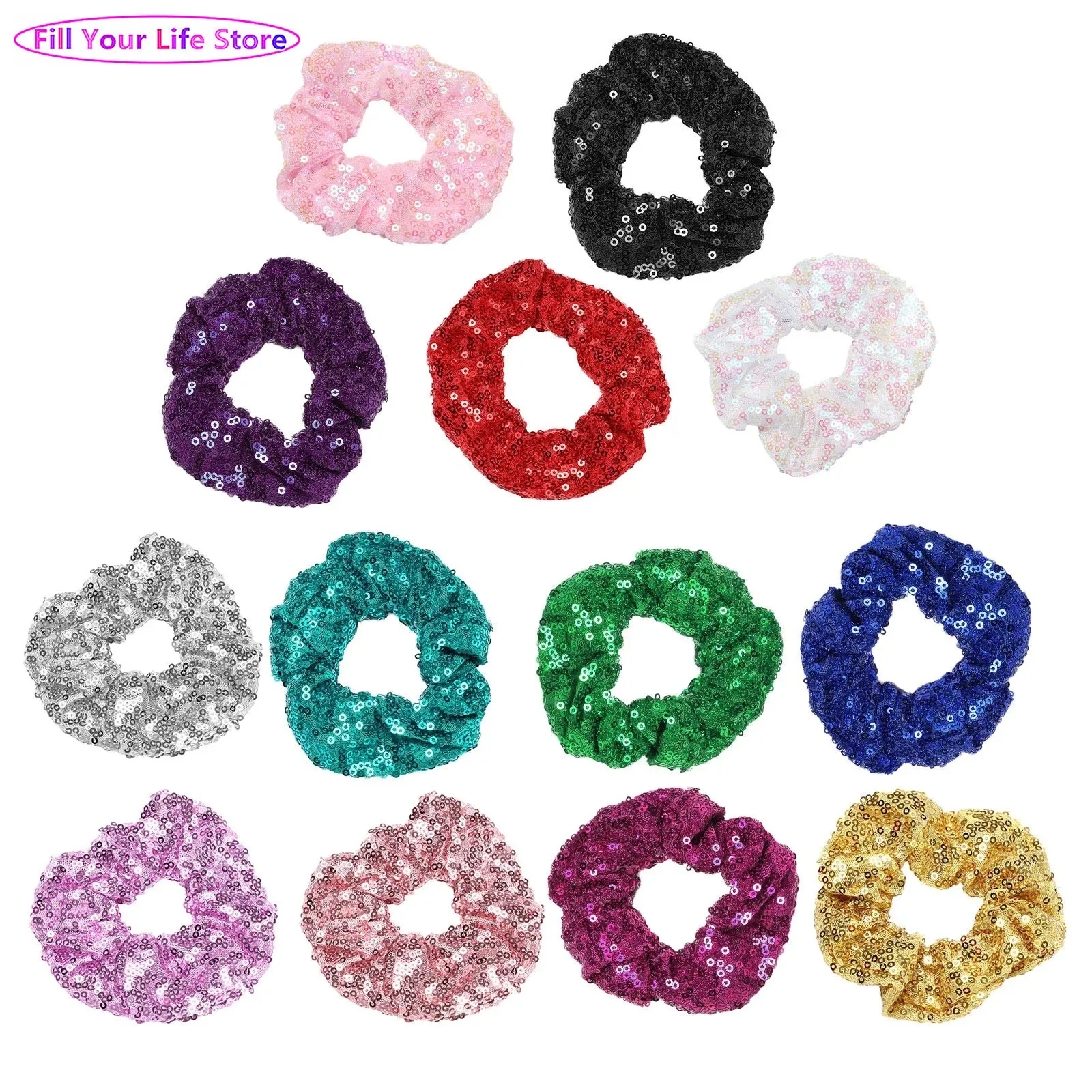 Kids Girls Shiny Sequins Headwear Ruffled Scrunchie Hairband Elastic Ponytail Holder Hair Band Accessory