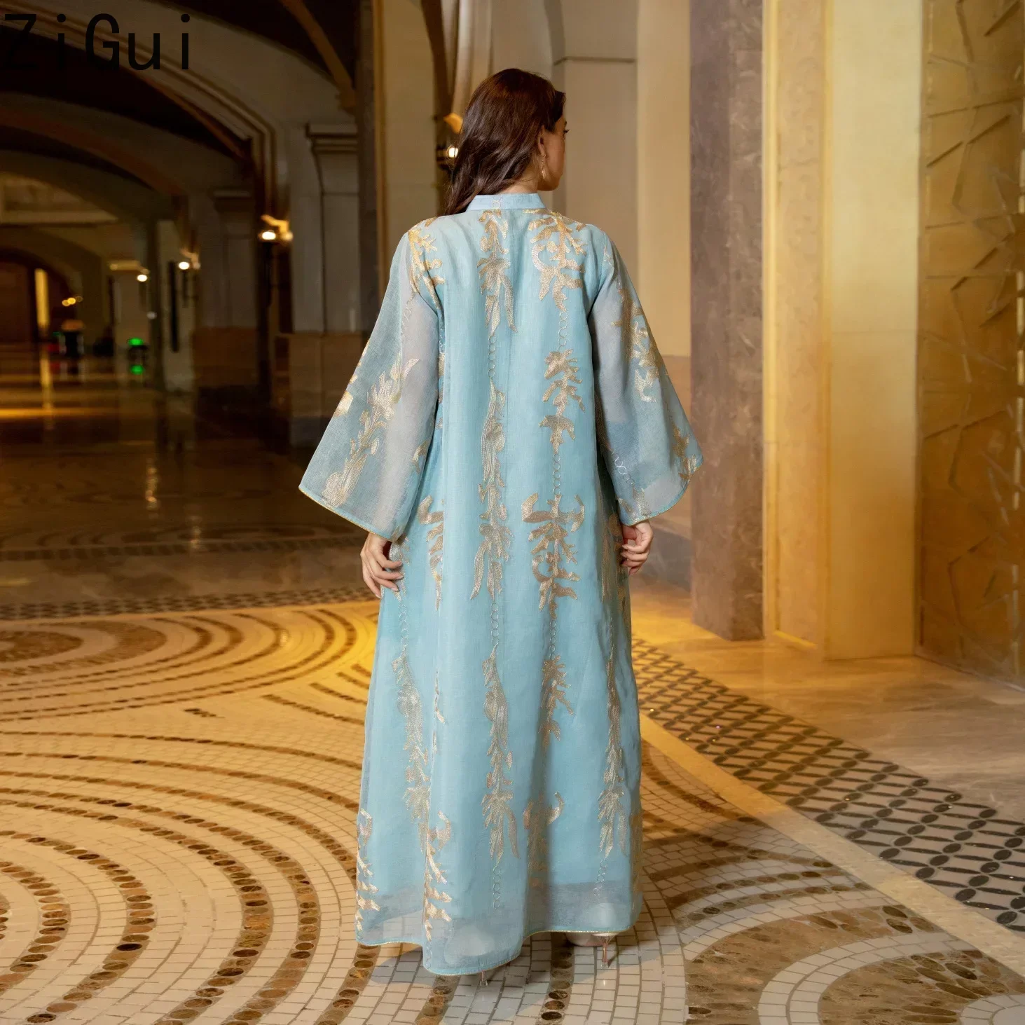 Zigui Elegant Kaftan Dress Women Party Dress Gold Embroidery Sequin Light Blue Chiffon Abaya Muslim Women Clothing Dress