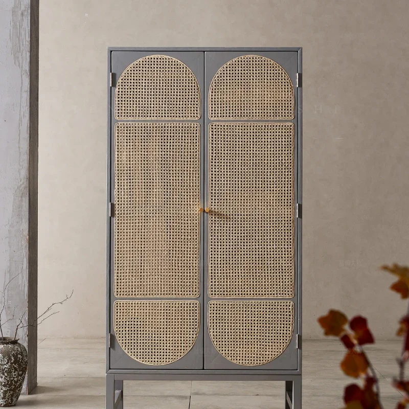 

Nordic Solid Wood Rattan Wardrobe Storage Locker Simple Modern Retro Cabinet