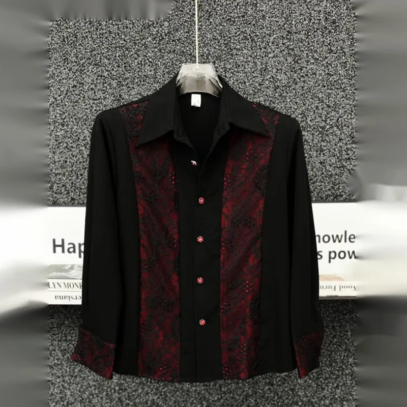 WVGA Spring Autumn New Men Heavy Patchwork Lace Embroidered Trendy Long Sleeve Shirt Niche Casual Shoulder Padded Top Ins W23618