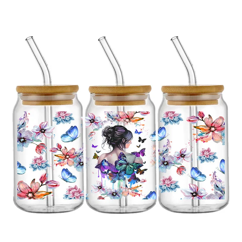 Colorful Butterfly Patterns Uv Dtf Cup Wrap Stickers Waterproof UV DTF Cup Wraps Sticker DIY 3D Wrap Decal For 16oz Libbey Glass