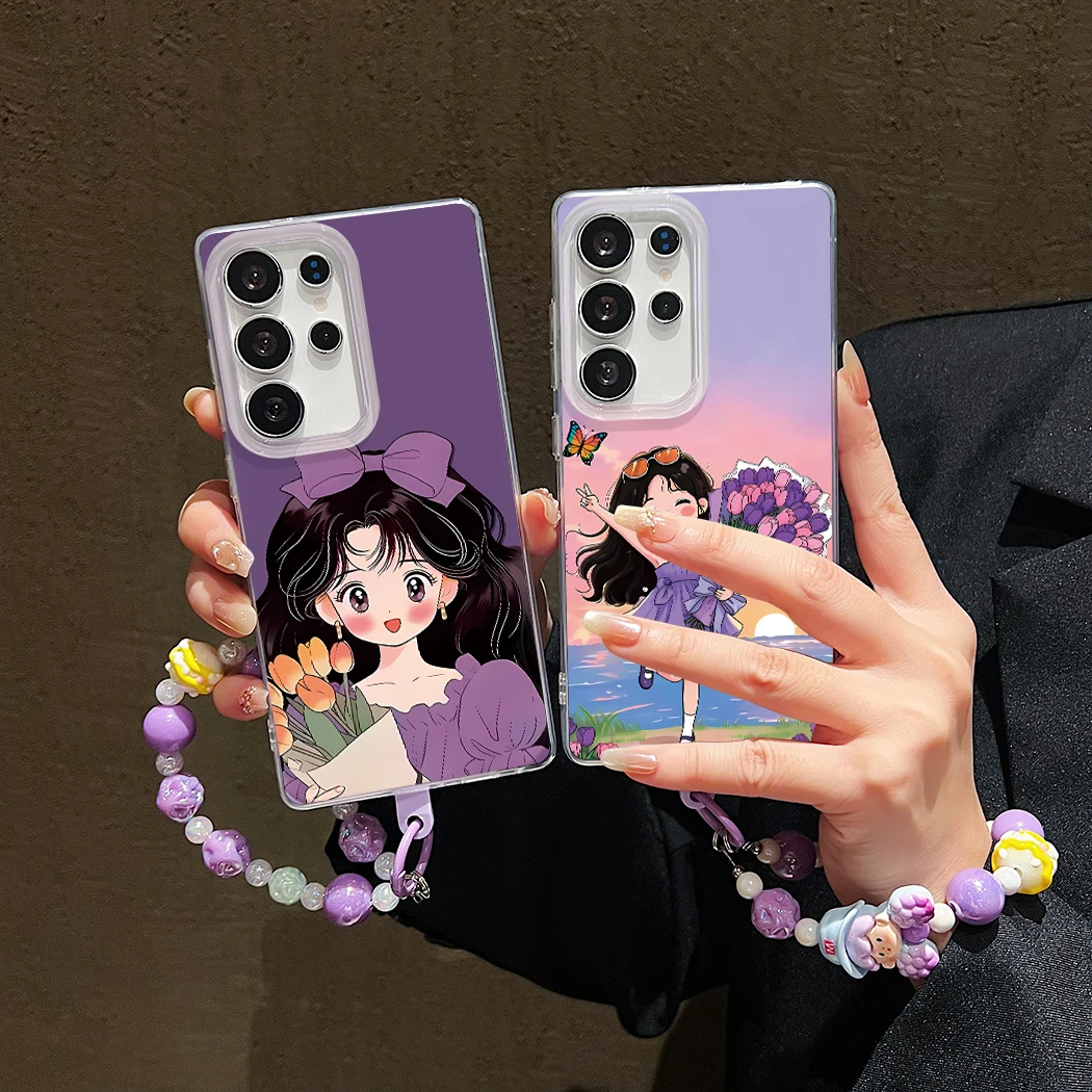 

Back Cover For Samsung Galaxy S22 S23 S24 Plus S25 Ultra Case Tulip Flower Sunshine Girl Bracelet Wristband Chain Phone Case
