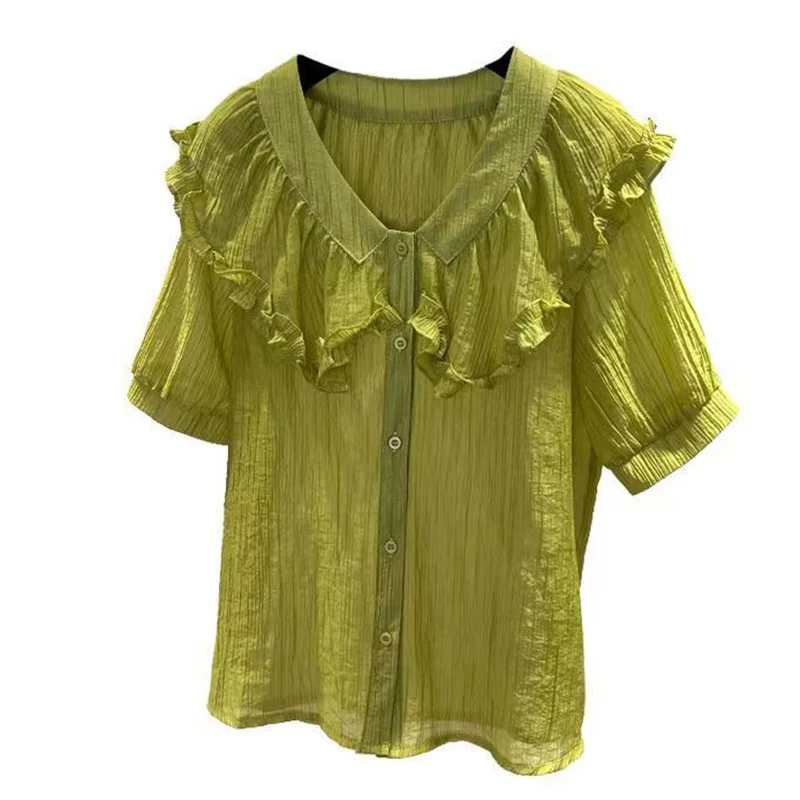 Camisa holgada con volantes y cuello Peter Pan para mujer, blusa informal de Color liso para oficina, ropa de verano, novedad de 2023