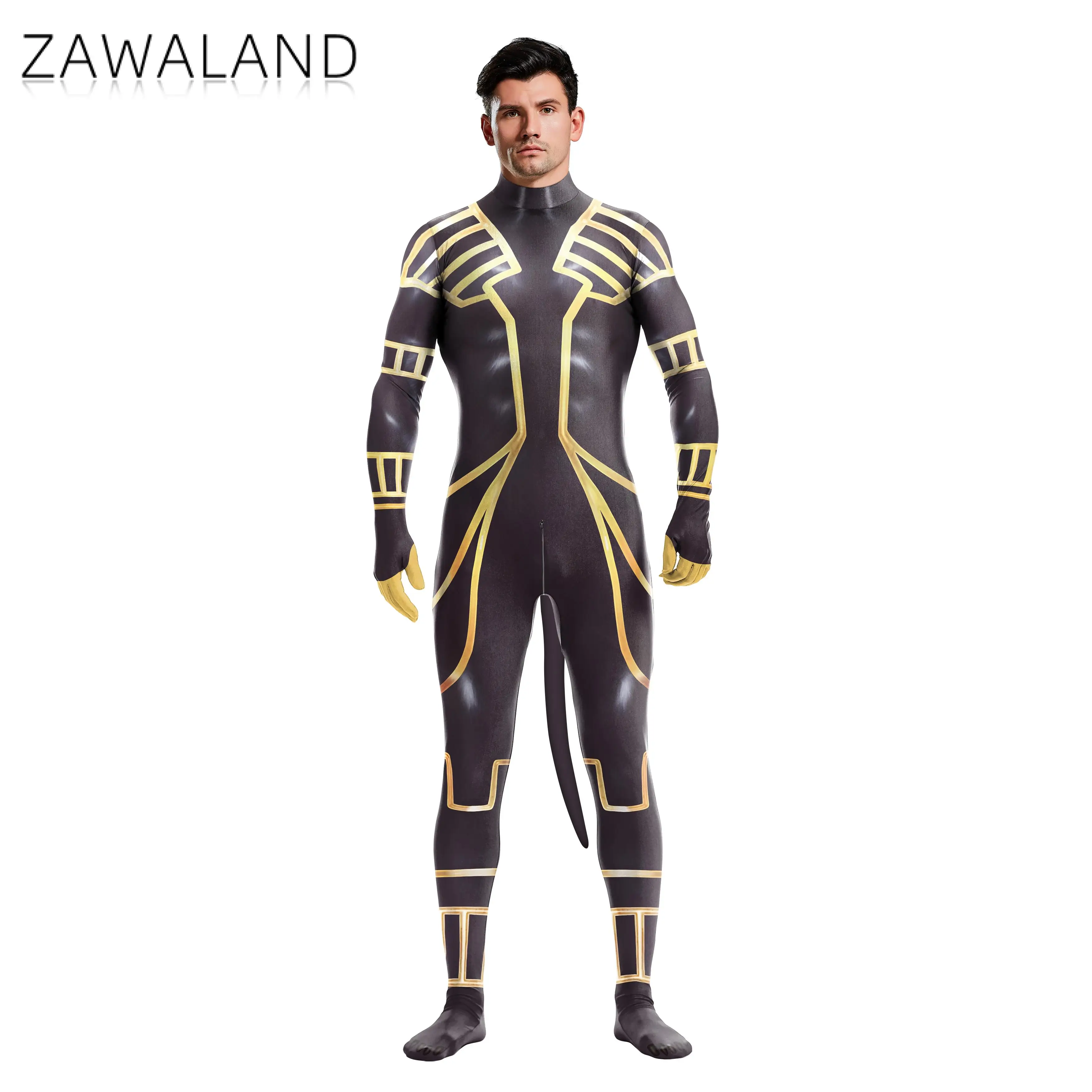 Zawaland Cosplay Anubis Petsuit met Staart Heren Kostuum Carnaval Purim Zentai Pak Kruis Rits Jumpsuit Vakantie Feestkleding