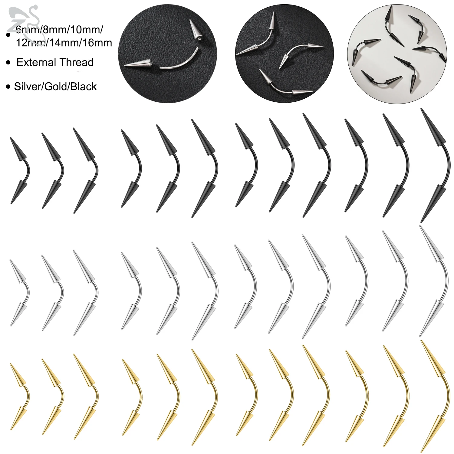 ZS 3Pcs/lot Spike Bridge Piercing Stainless Steel Eyebrow Ring External Thread Cartilage Earring Black Color Labret Piercing 16G