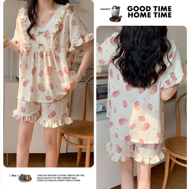 140kg Plus Size Korean Women\'s Sleepwear Students Summer Two Pieces Sets Short Sleeve Cartoon Sweet Loose Fit Home Use Pajama