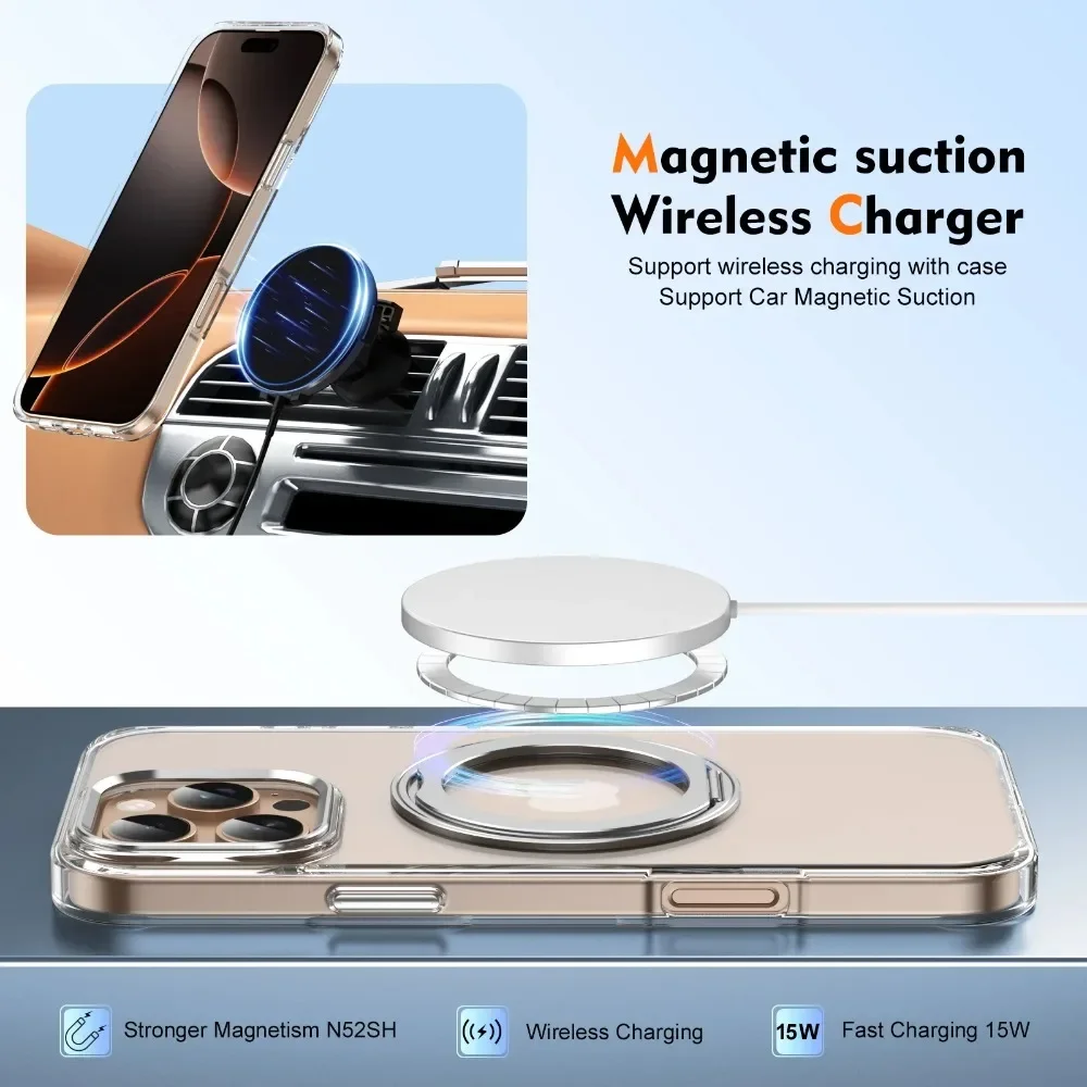 Luxe 360° ° Metalen Auto Ring Houder Helder Magnetische Case voor IPhone 17 16 15 14 Plus 13 12 Pro Max Draadloze Lading bescherming Cover
