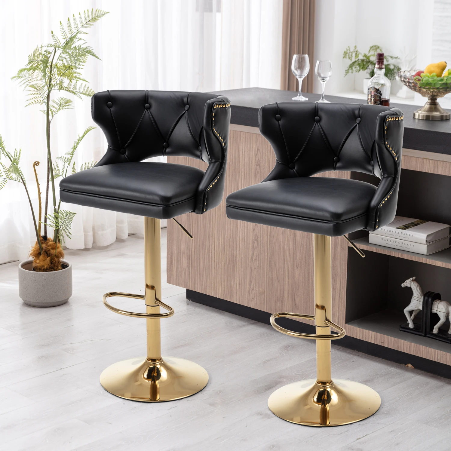 

Bar Stools With Back and Footrest Counter Height Dining Chairs-Leather Black-2PCS/SET