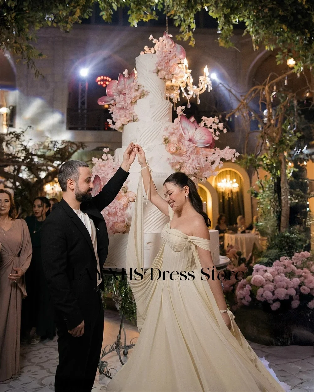 LAYXHS Vestidos de noite elegantes com ombro de fora, linha A, renda até o tornozelo, vestidos de baile personalizados