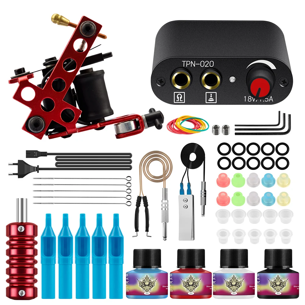 Beginner Tattoo Set With Mini Power Supply 4PCS Inks Needles Handles Tattoo Body Art Tools Complete Coil Tattoo Machines Gun Kit