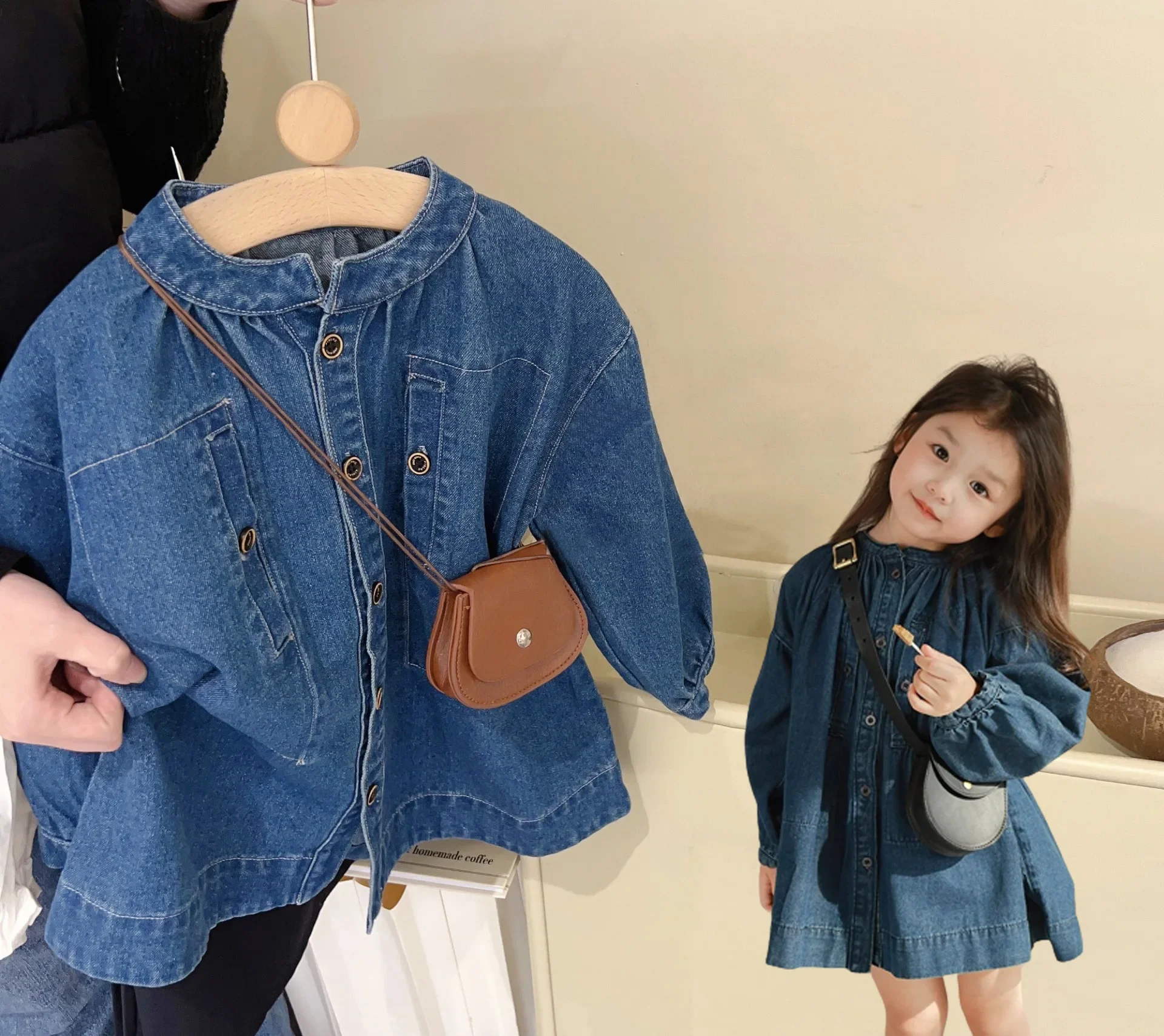 Girls' Denim Shirt 18M-8Y Children's Small Standing Collar Loose Fitting Shirt Baby Spring and Autumn Denim Dress