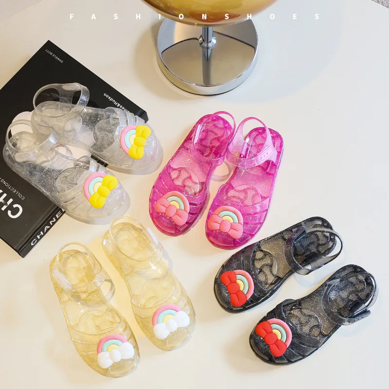 Summer New Children Sandal Slippers Girls Rainbow Bow Cartoon Crystal Jelly Sandal Princess Shoes Baby Kids Roman Beach Shoes