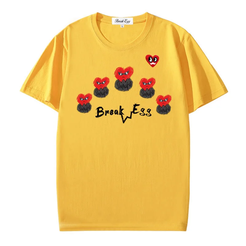 

Broken Egg Colorful Graffiti Heart Print Women T-shirt Red Eyes Beard Heart Embroidery Cotton O-neck Short-sleeved Lady Fit Tee