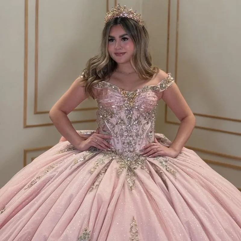 

Customized Pink Quinceanera Dresses Off the Shoulder sequin crystal applique Long tail Bow Vestido 15 Quinceanera