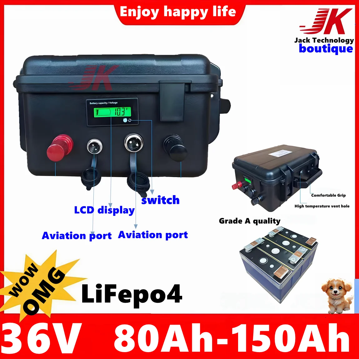 

Waterproof 36V 80Ah 100Ah 120Ah 150Ah LiFepo4 Portable lithium battery for Ttrolling motor boat solar system,boat +10A Charger