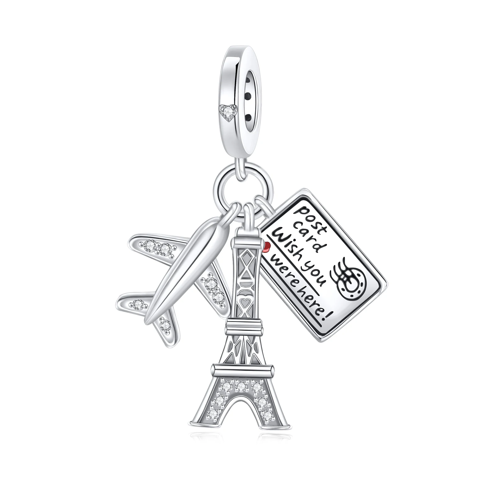 925 Sterling Silver Paris Travel Dangle Charm Eiffel Tower Airplane Postcard Crystal Bead Fit Chain Bracelet DIY Jewelry Gift