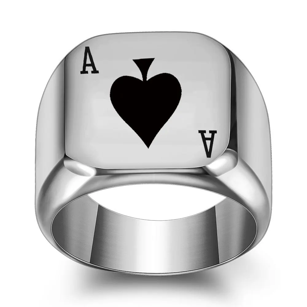 Punk Ace of Spades Titanium Steel Ring Men\'s Lucky Playing Card Square Ring Jewelry