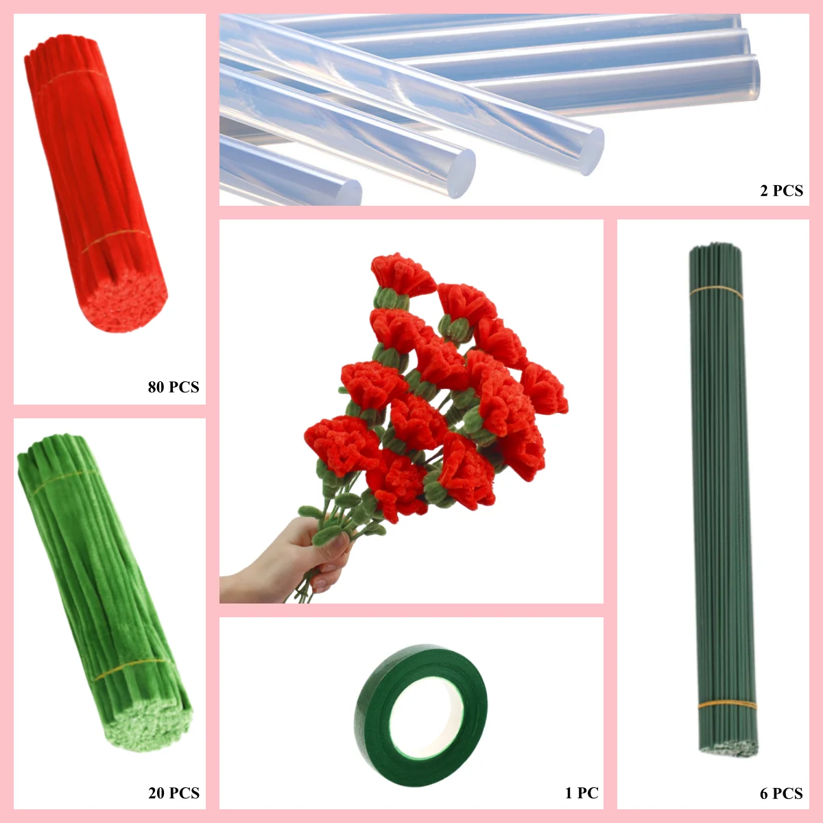 

100 PCS * Pipe Cleaners，6 PCS * Flower Stems, Handmade Artificial Simulation Carnation Flower Making Kit DIY Handcraft Set