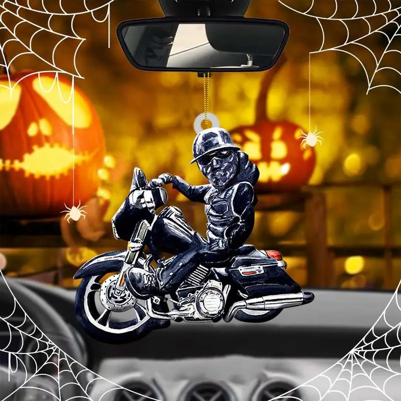 Car Pendant Skull Motorcycle Rider Decor Mirror Hanging Pendant Auto Rearview Mirror Hanging Halloween Christmas Flat Ornament