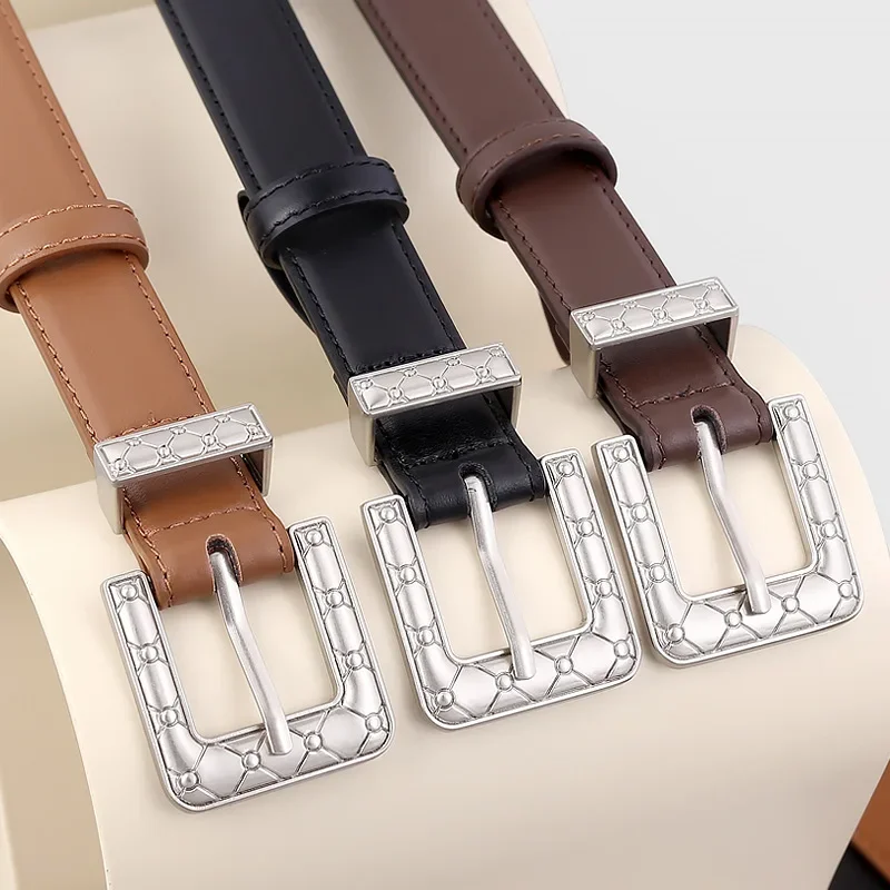 

New Silver Button Head Leather Cowhide Belt with Denim Suit Belt Belts for Women Designer Belt