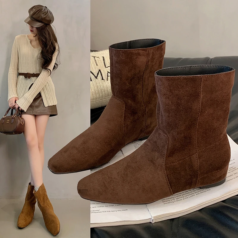 

Короткие женские ботинки на плоской подошве, зимняя дизайнерская замшевая обувь, модные повседневные ботильоны 2025 года, новые тенденции, прогулочные ботинки