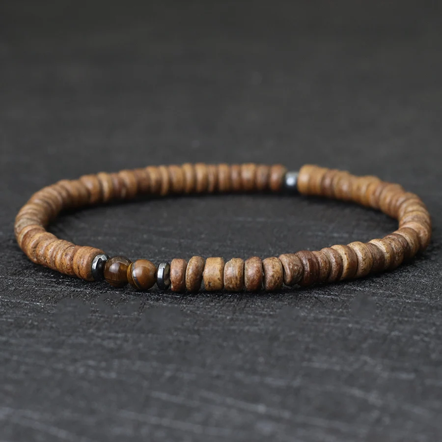 Minimalist Natural Wood Bracelet Unisex Brown Coconut Bead Braslet Leisure Accessories Meditation Jewelry Tiger Eyes Braclet