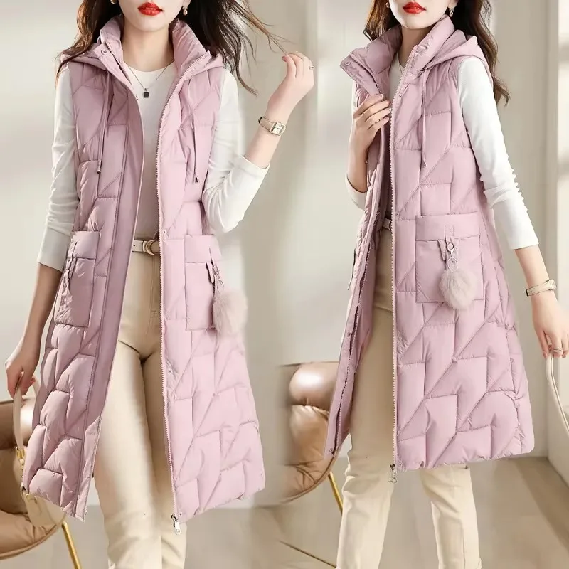 2024 New Women Winter Long Down Cotton Vest Jacket Sleeveless Hooded High-Quality Thick Warm Parkas Female Waistcoat Outwear