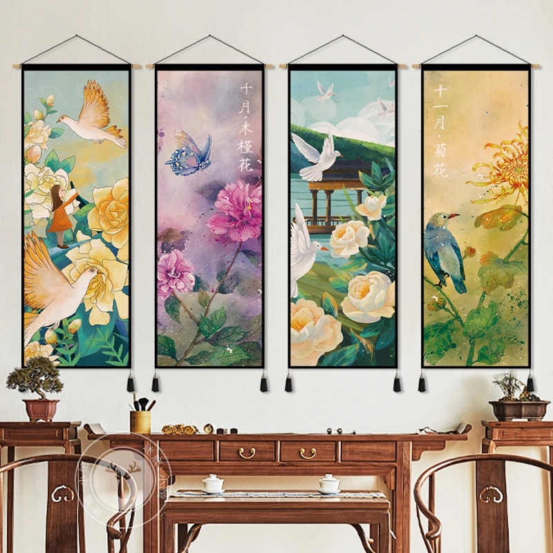 Modern Chinoiserie Bird and Flower Budgie Heron Landscape Poster Canvas Painting Wall Art Pictures Home Interior Decor